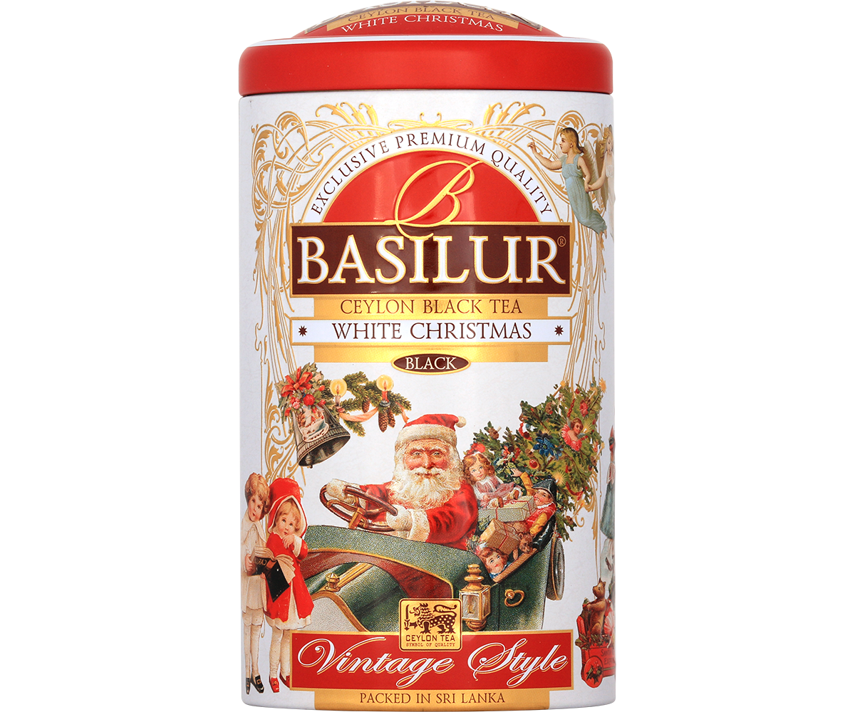 Herbata Basilur White Christmas w puszce z motywem Świętego Mikołaja i świątecznymi ilustracjami.