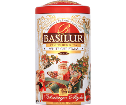 Herbata Basilur White Christmas w puszce z motywem Świętego Mikołaja i świątecznymi ilustracjami.