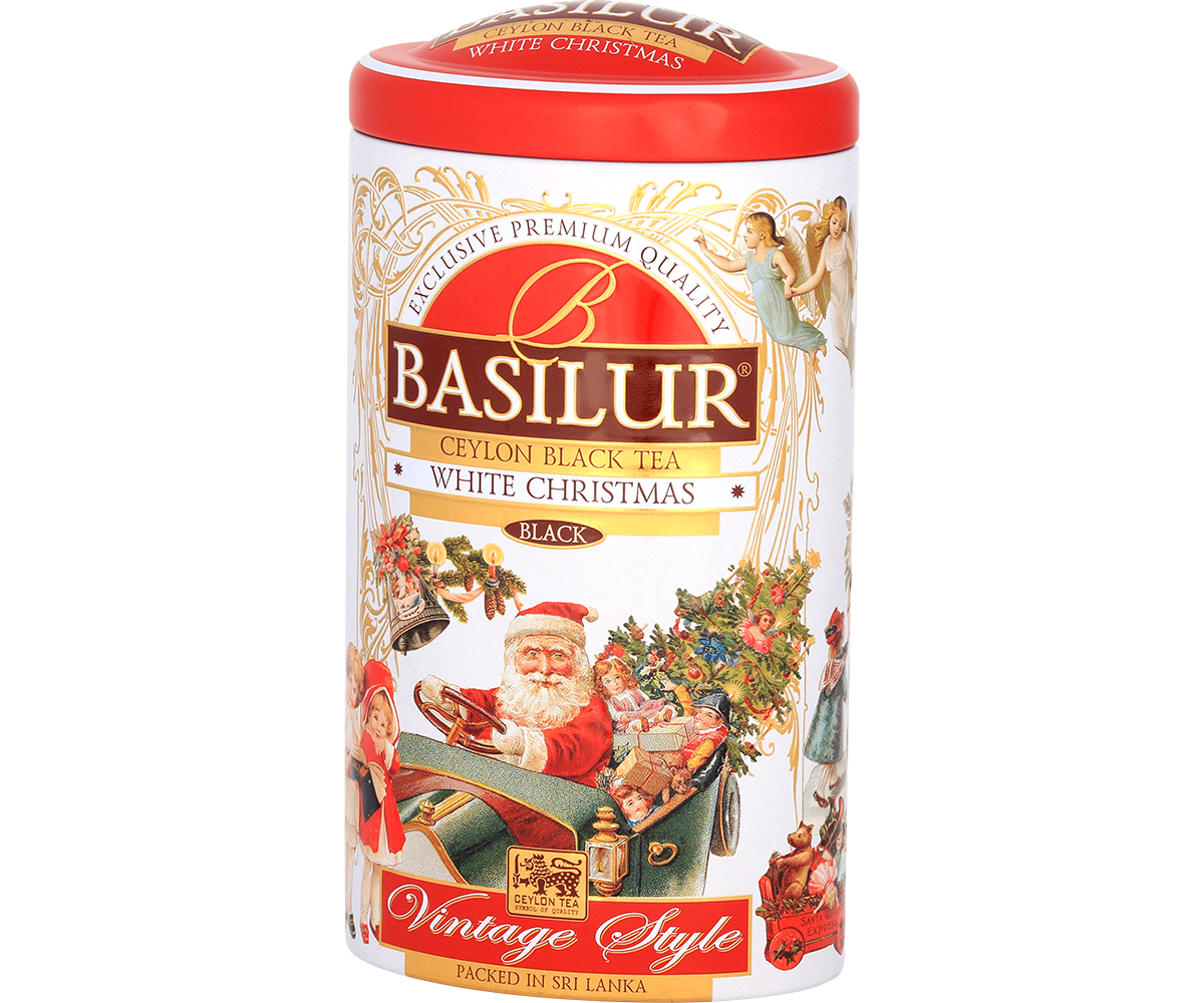Opakowanie herbaty Basilur White Christmas – czarna herbata cejlońska w ozdobnej puszce vintage.