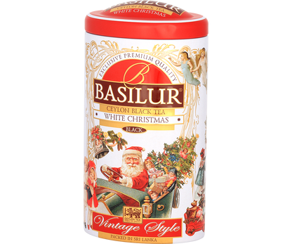 Opakowanie herbaty Basilur White Christmas – czarna herbata cejlońska w ozdobnej puszce vintage.