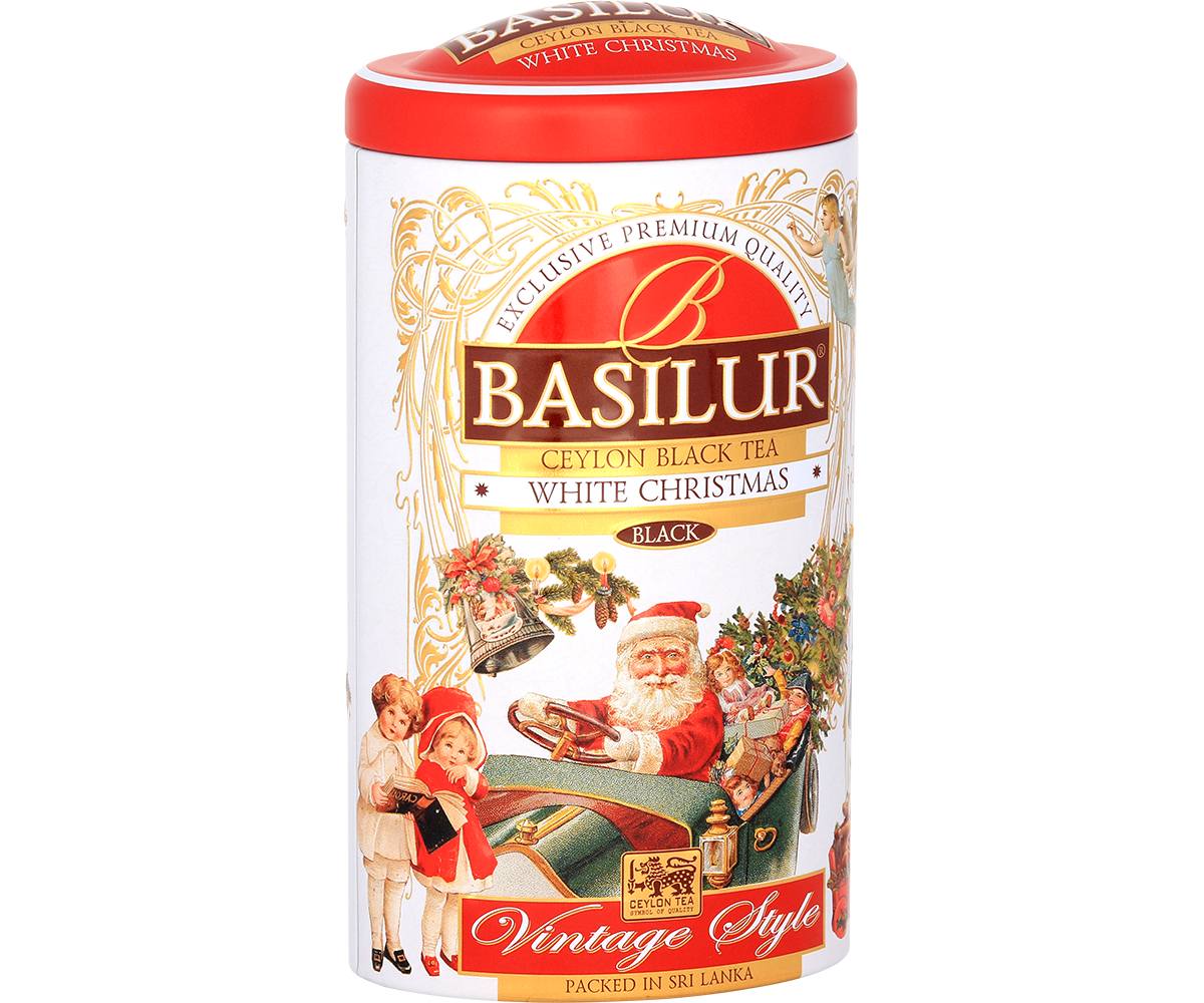 Puszka herbaty Basilur White Christmas z czerwonym wieczkiem i ilustracją bożonarodzeniową.