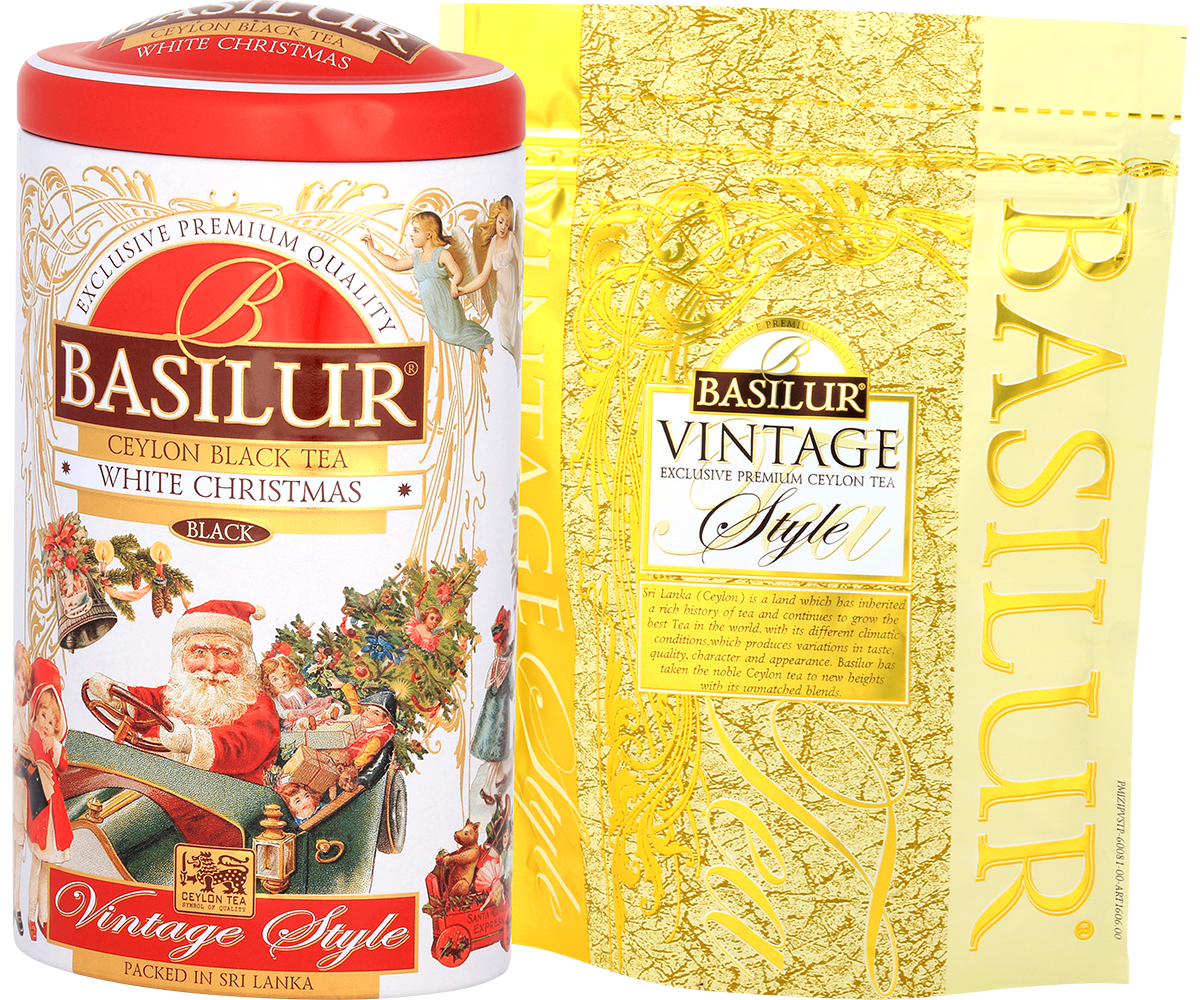 Herbata Basilur White Christmas z eleganckim złotym opakowaniem wewnętrznym Vintage Style.