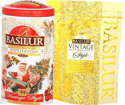 Herbata Basilur White Christmas z eleganckim złotym opakowaniem wewnętrznym Vintage Style.