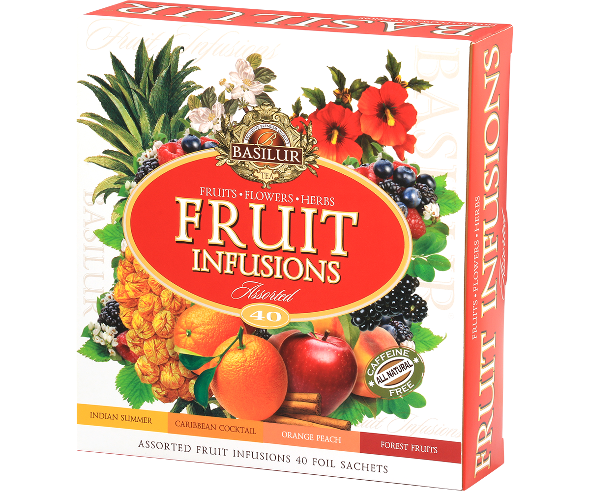 Bok opakowania Basilur Fruit Infusions z kolorowymi owocami i logo marki