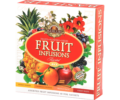 Bok opakowania Basilur Fruit Infusions z kolorowymi owocami i logo marki