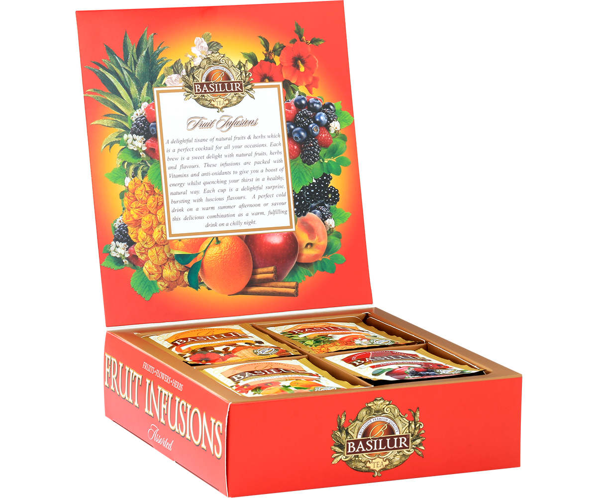 Otwarty zestaw herbat owocowych Basilur Fruit Infusions z widocznymi saszetkami