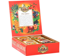 Otwarty zestaw herbat owocowych Basilur Fruit Infusions z widocznymi saszetkami