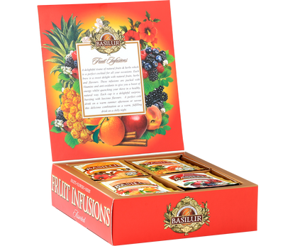 Otwarty zestaw herbat owocowych Basilur Fruit Infusions z widocznymi saszetkami