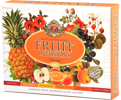 Zdjęcie prezentuje front pudełka Basilur Fruit Infusions Assorted z dużą ilustracją owoców i oznaczeniem odmian naparów.
