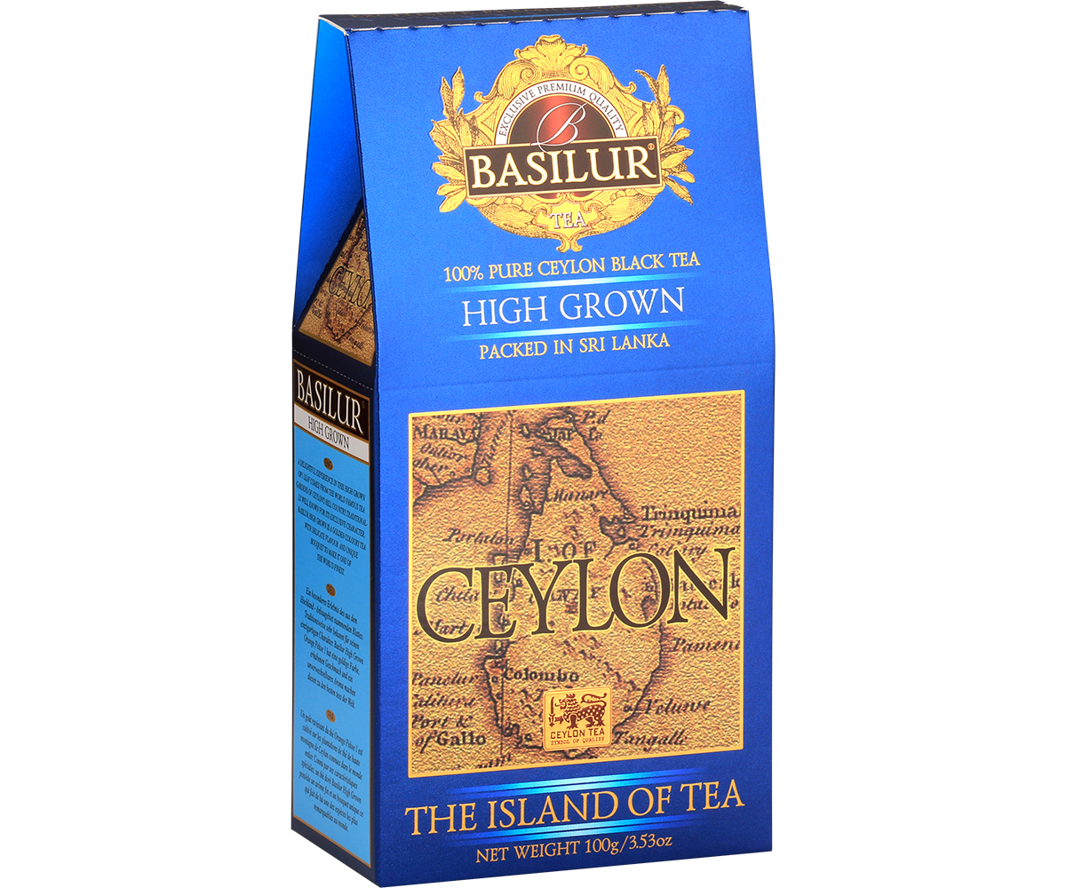 Herbata Basilur High Grown w eleganckim opakowaniu z mapą Cejlonu.