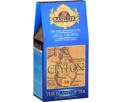 Herbata Basilur High Grown w eleganckim opakowaniu z mapą Cejlonu.