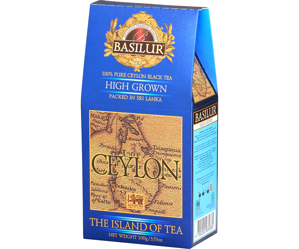 Zbliżenie na opakowanie Basilur High Grown – wysokogórska herbata z Cejlonu.