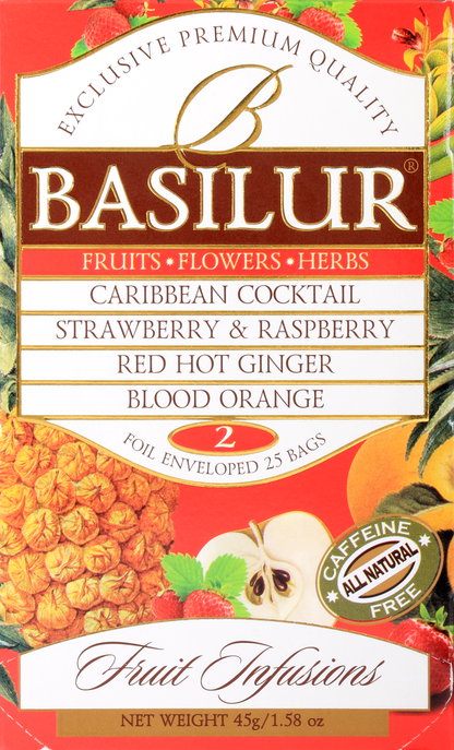 Otwarty zestaw Basilur Fruit Infusions 2 z widocznymi foliowymi saszetkami.