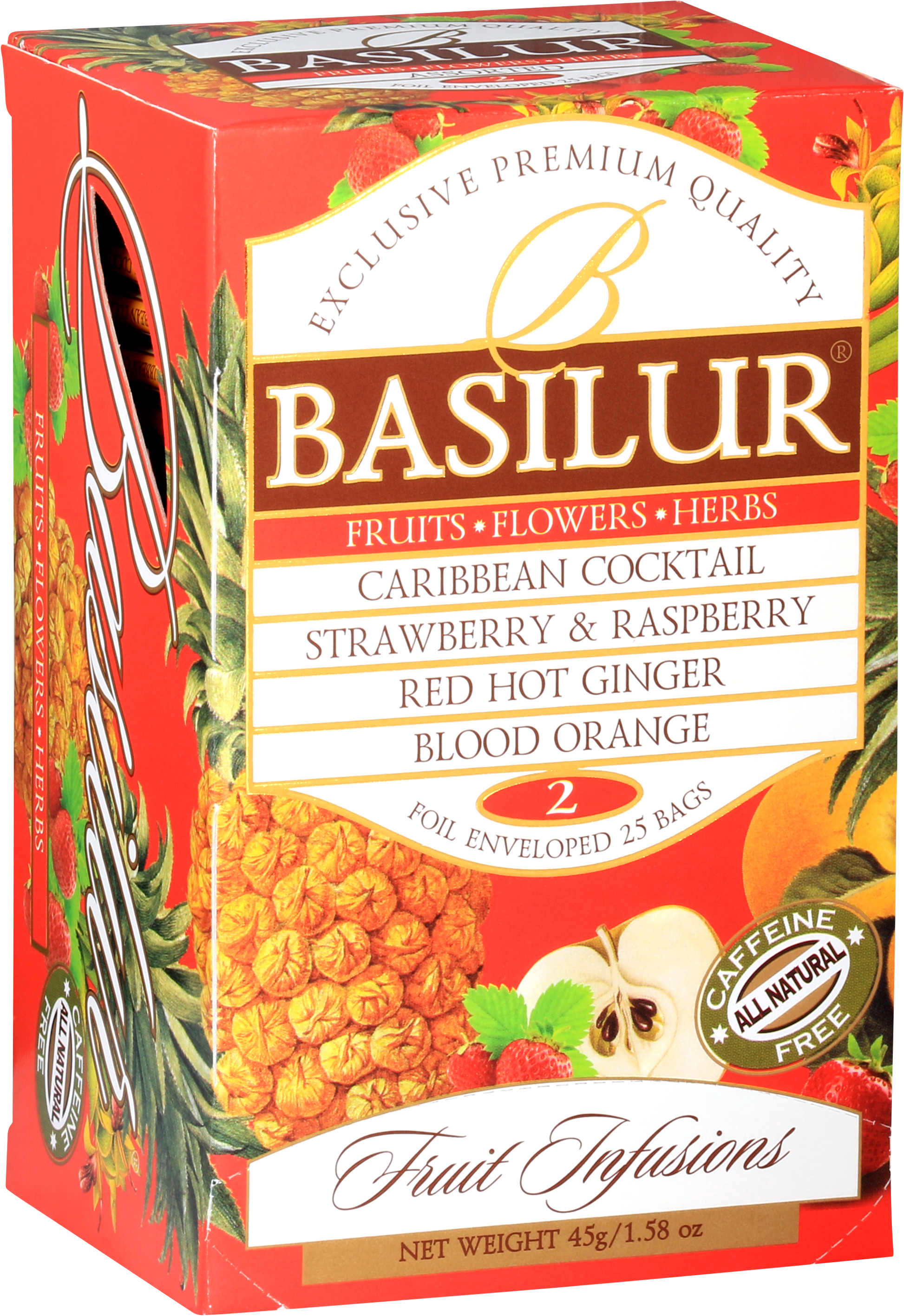 Zestaw herbat Basilur Fruit Infusions 2 w kolorowym, owocowym opakowaniu.