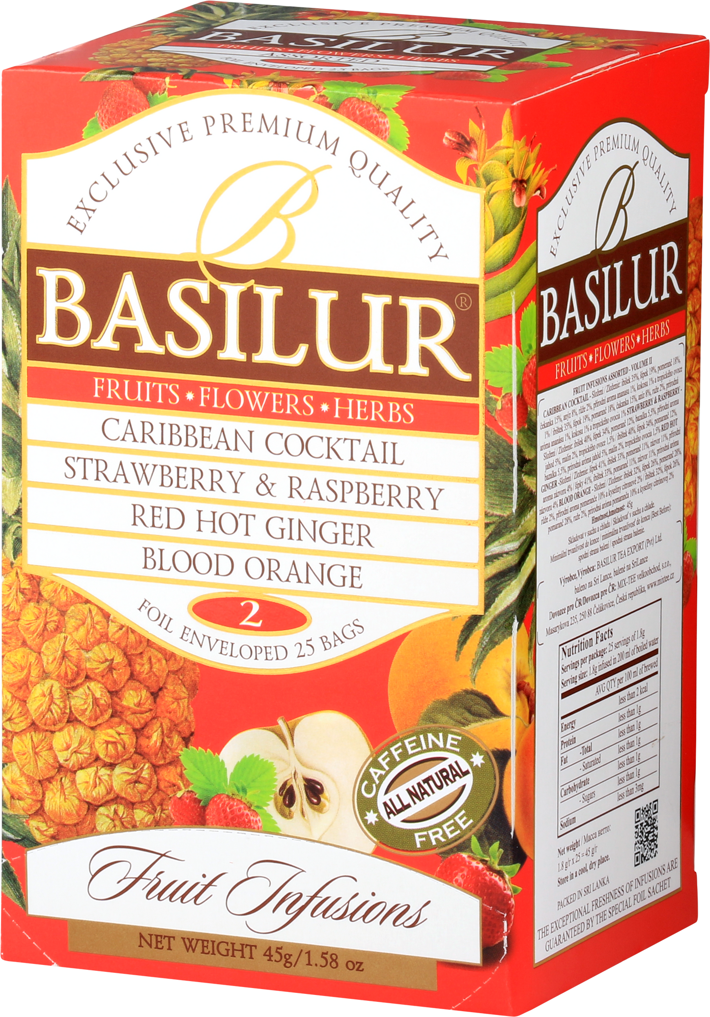 Kartonik Basilur Fruit Infusions 2 ukazany pod kątem z widocznym oznaczeniem caffeine free.