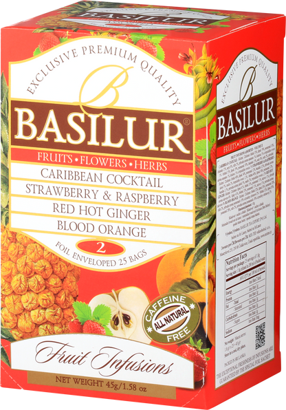 Kartonik Basilur Fruit Infusions 2 ukazany pod kątem z widocznym oznaczeniem caffeine free.