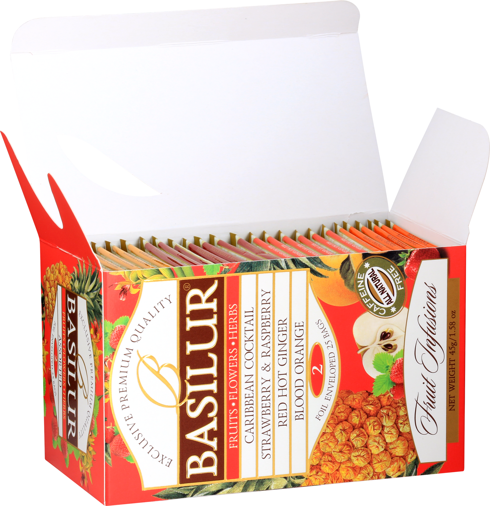 Herbata Basilur Fruit Infusions 2 przedstawiona na froncie z listą smaków i grafiką owoców.