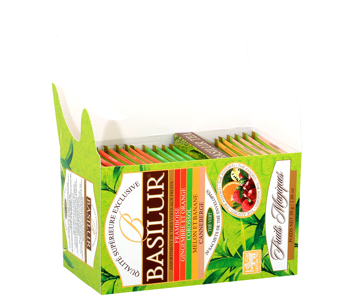 Zestaw herbat Basilur Green Tea Magic Fruits w otwartym pudełku z widocznymi torebkami smakowych herbat.