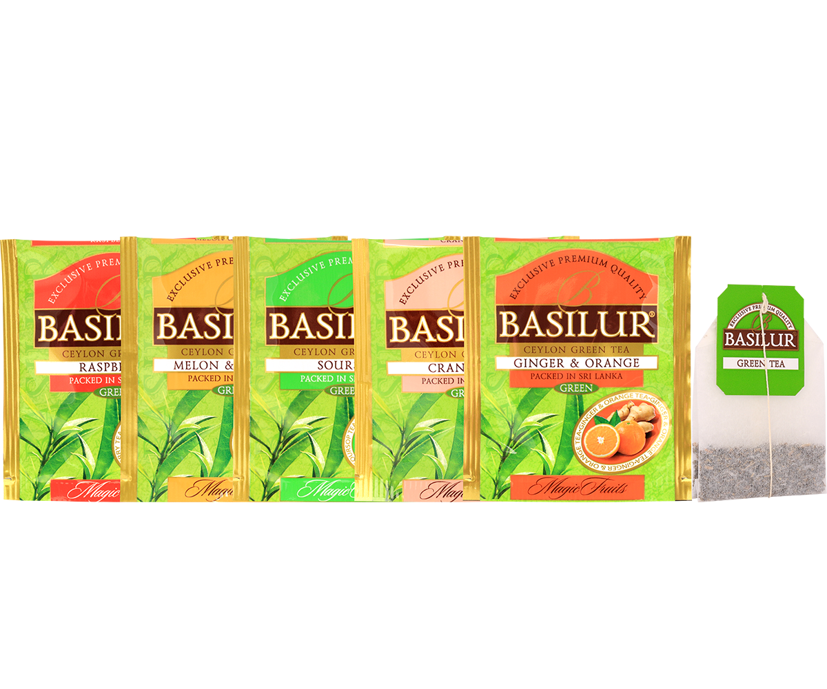 Torebki herbat Basilur Green Tea o smakach owocowych: malina, imbir i pomarańcza, flaszowiec, melon z bananem, żurawina.
