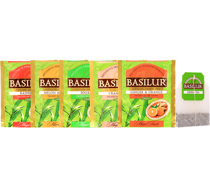 Torebki herbat Basilur Green Tea o smakach owocowych: malina, imbir i pomarańcza, flaszowiec, melon z bananem, żurawina.