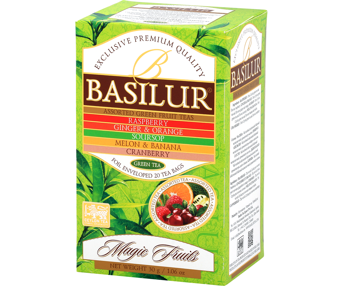 Opakowanie herbat Basilur Green Tea Magic Fruits z listą smaków owocowych.
