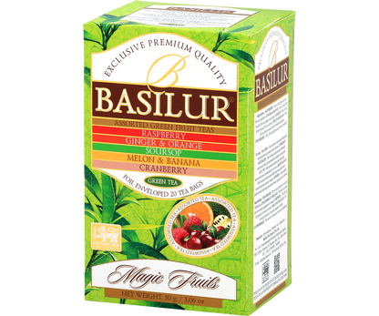 Opakowanie herbat Basilur Green Tea Magic Fruits z listą smaków owocowych.