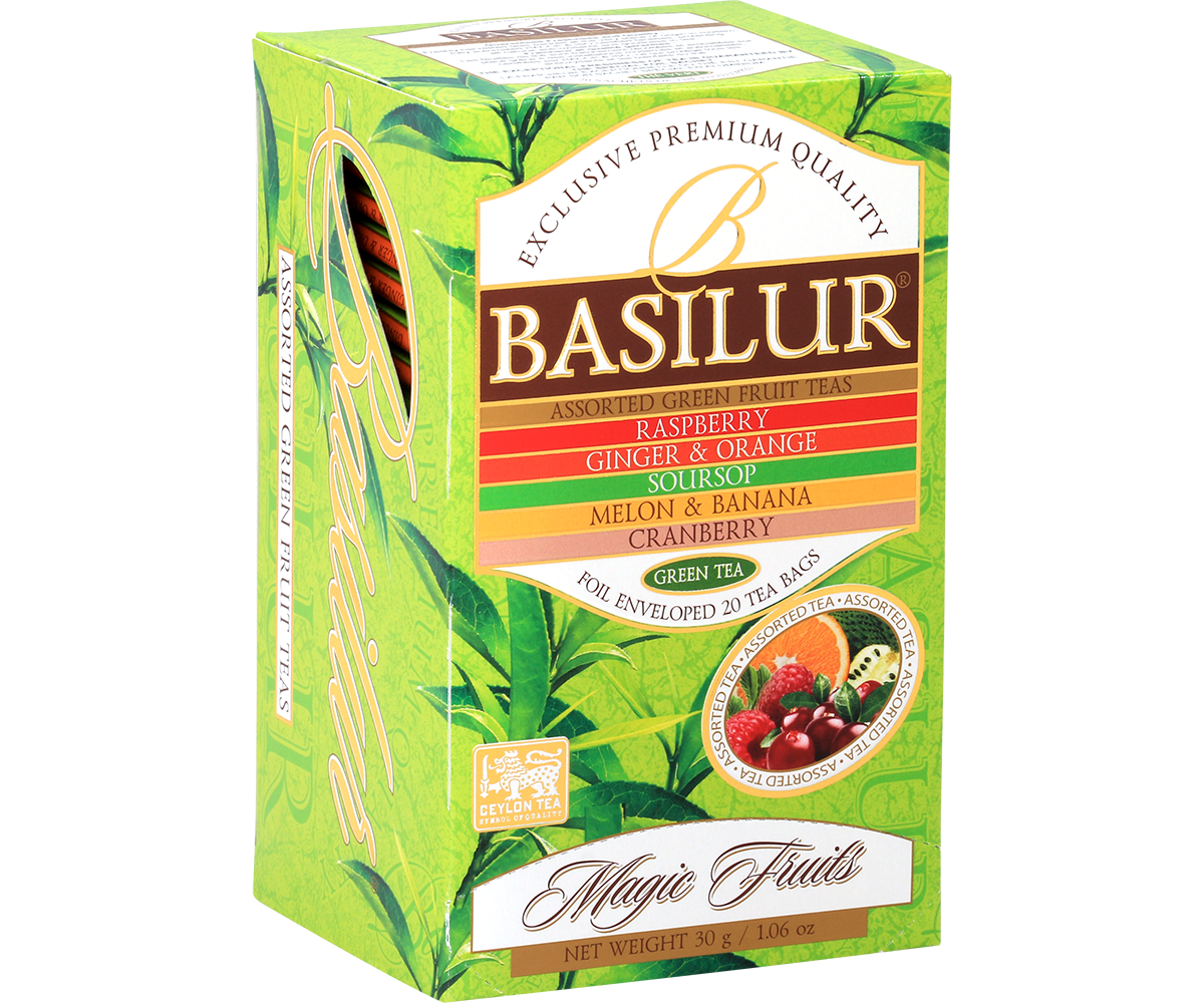 Zestaw herbat Basilur Magic Fruits w zielonym opakowaniu z owocowym motywem.
