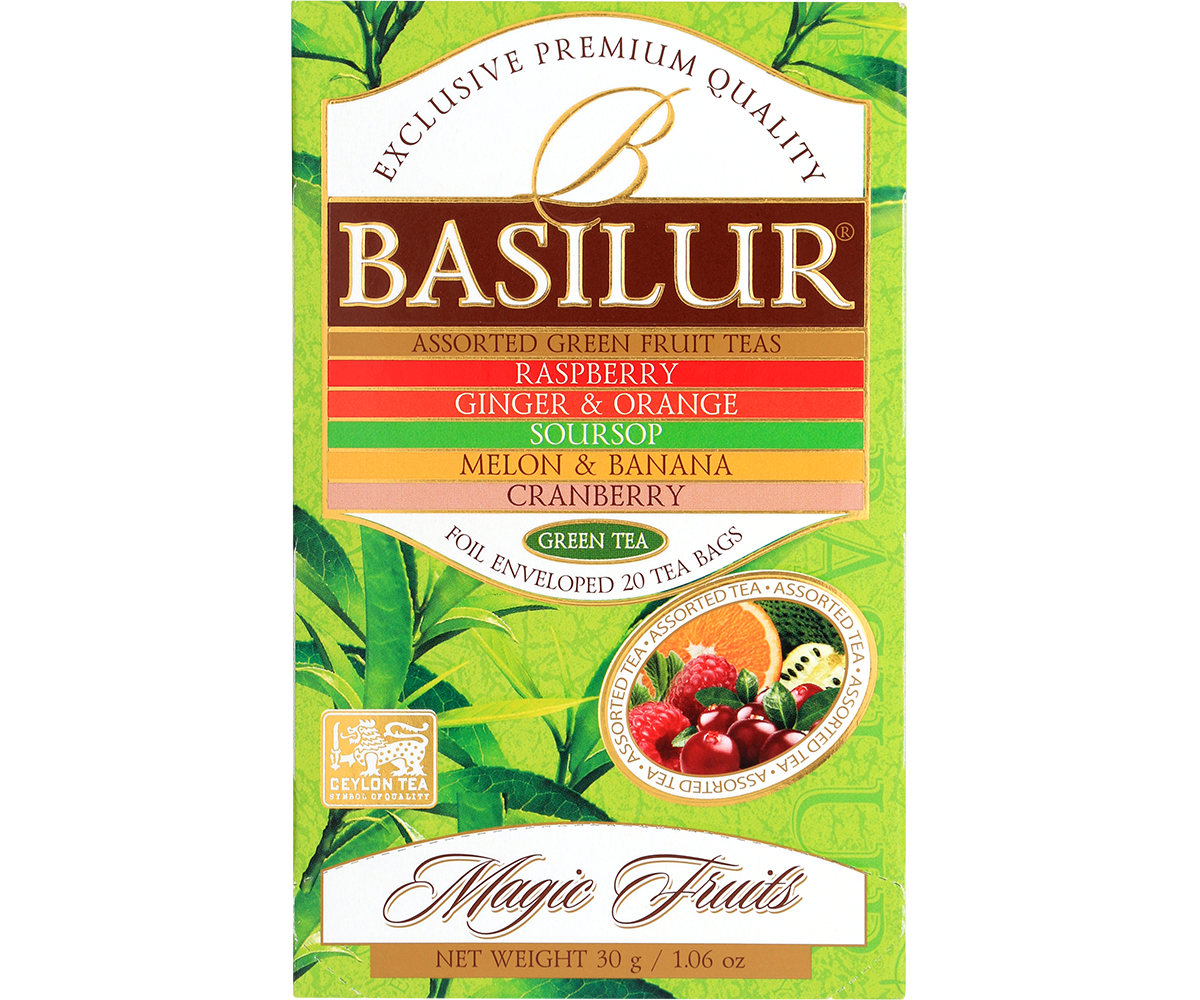 Przód opakowania Basilur Green Tea Magic Fruits z opisem smaków i logo Basilur.