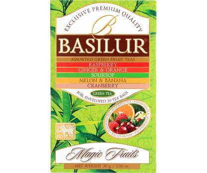 Przód opakowania Basilur Green Tea Magic Fruits z opisem smaków i logo Basilur.