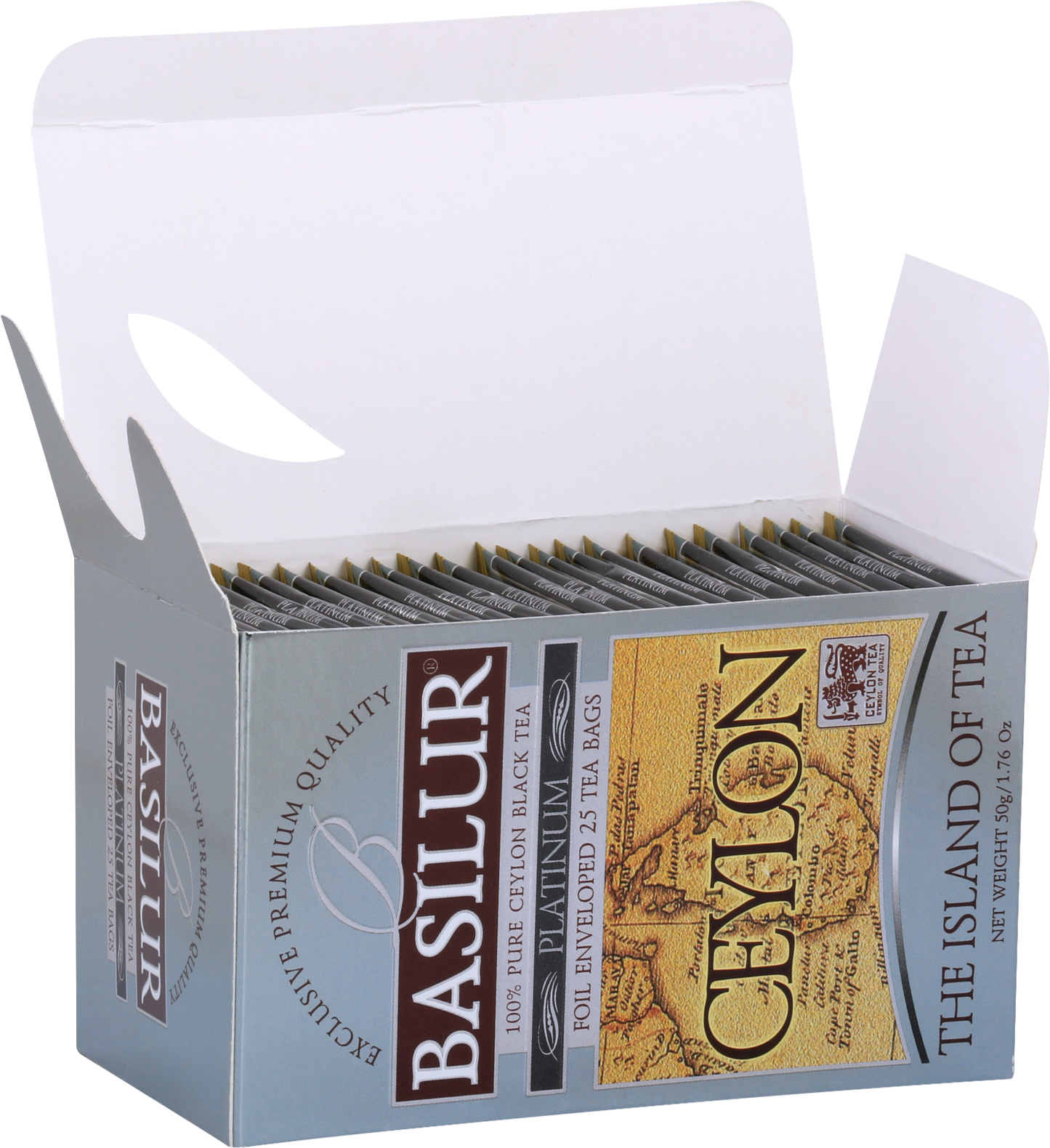 Otwarta paczka herbaty Basilur Platinum 25 kopert czarnej herbaty cejlońskiej