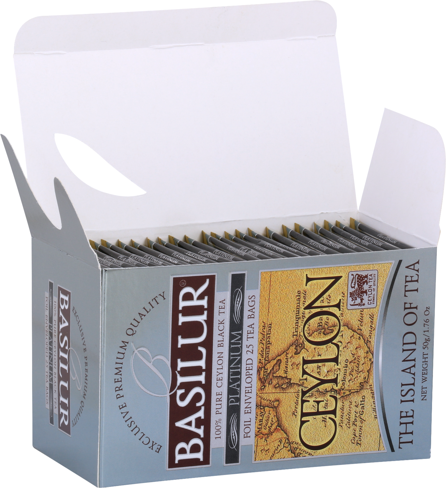 Otwarta paczka herbaty Basilur Platinum 25 kopert czarnej herbaty cejlońskiej