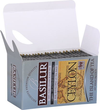 Otwarta paczka herbaty Basilur Platinum 25 kopert czarnej herbaty cejlońskiej