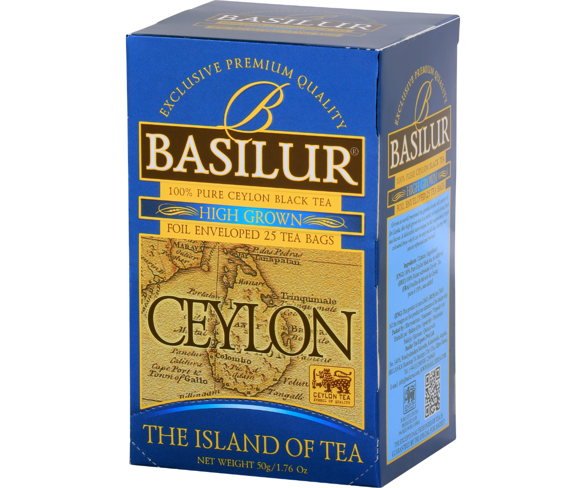 Pudełko herbaty Basilur High Grown z mapą Cejlonu, eleganckie złoto-niebieskie opakowanie.