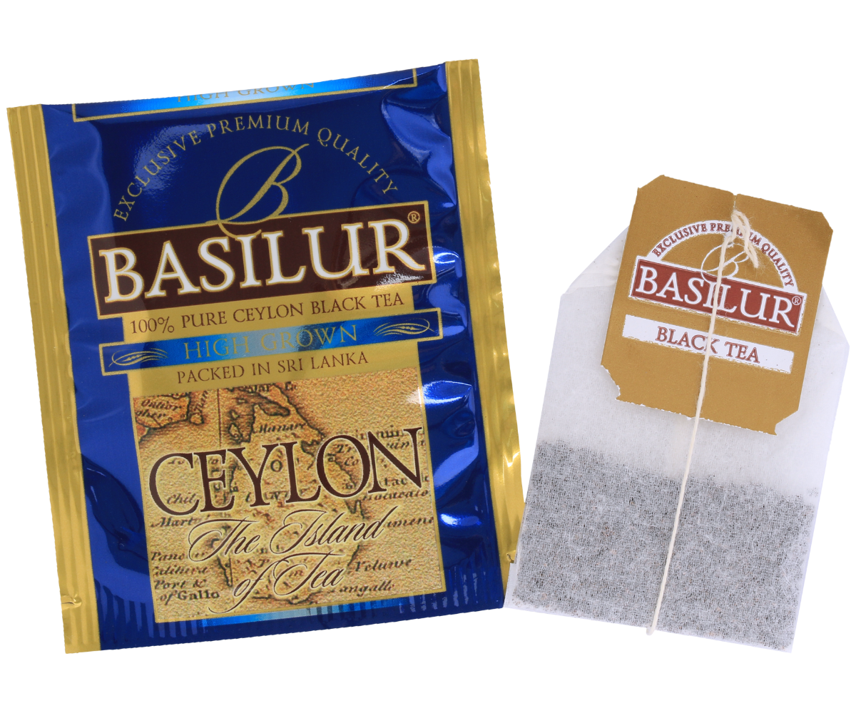 Saszetka i torebka herbaty Basilur High Grown, klasyczna czarna herbata cejlońska.