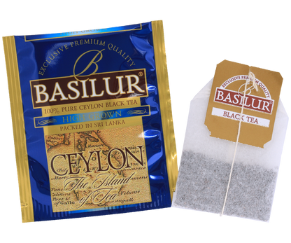 Saszetka i torebka herbaty Basilur High Grown, klasyczna czarna herbata cejlońska.