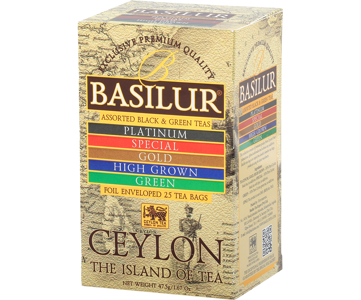 Bok opakowania Basilur Assorted Ceylon z opisem smaków i logo Ceylon Tea.