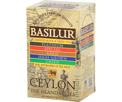 Bok opakowania Basilur Assorted Ceylon z opisem smaków i logo Ceylon Tea.