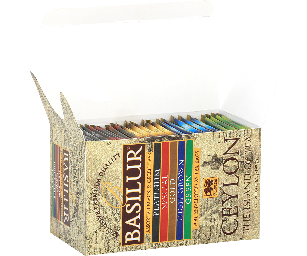 Otwarty zestaw Basilur Assorted Ceylon – kopertowane herbaty o różnych smakach.