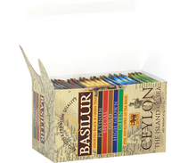 Otwarty zestaw Basilur Assorted Ceylon – kopertowane herbaty o różnych smakach.