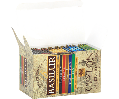Otwarty zestaw Basilur Assorted Ceylon – kopertowane herbaty o różnych smakach.