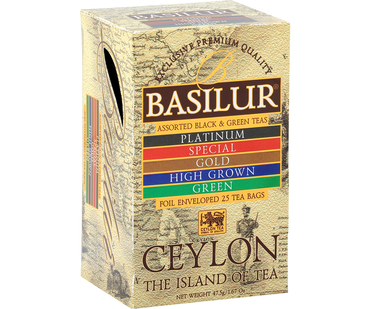 Zestaw herbat Basilur Assorted Ceylon 25 kopert – widok przodu opakowania.