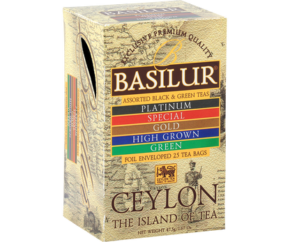Zestaw herbat Basilur Assorted Ceylon 25 kopert – widok przodu opakowania.