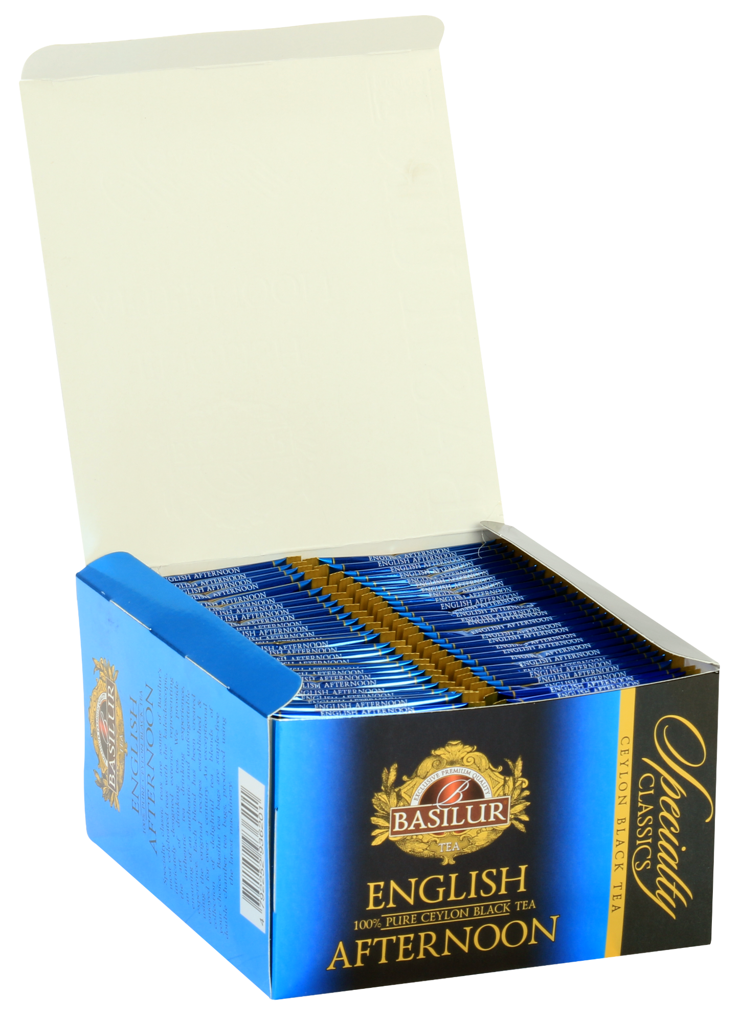 Otwarty karton Basilur English Afternoon z 50 kopertami herbaty.