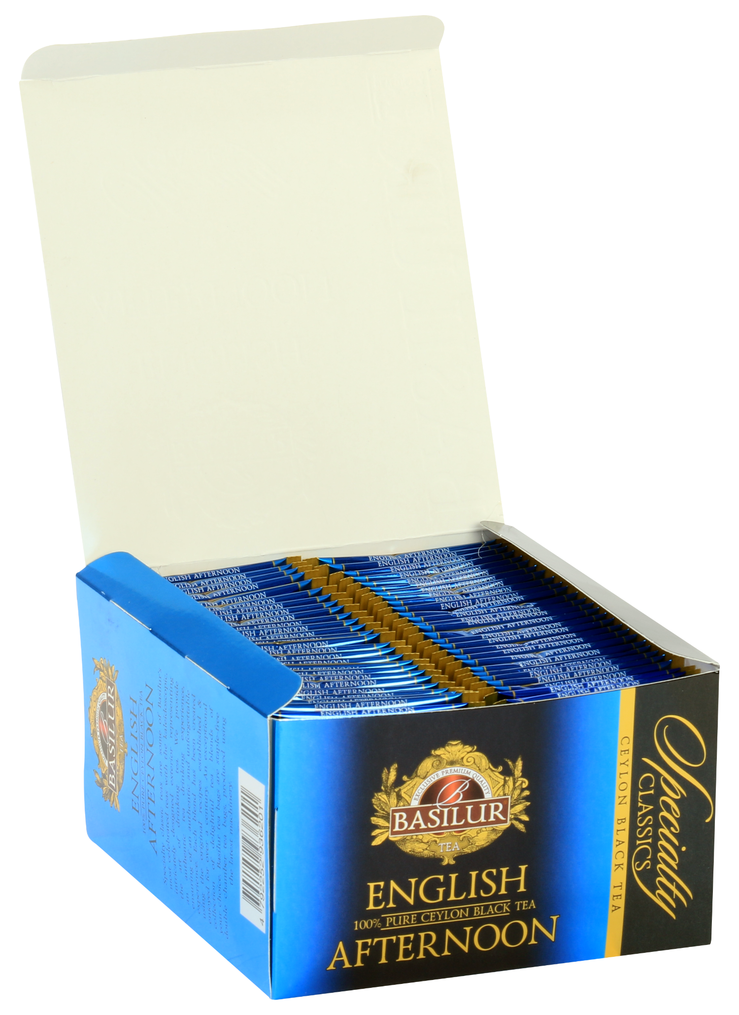 Otwarty karton Basilur English Afternoon z 50 kopertami herbaty.