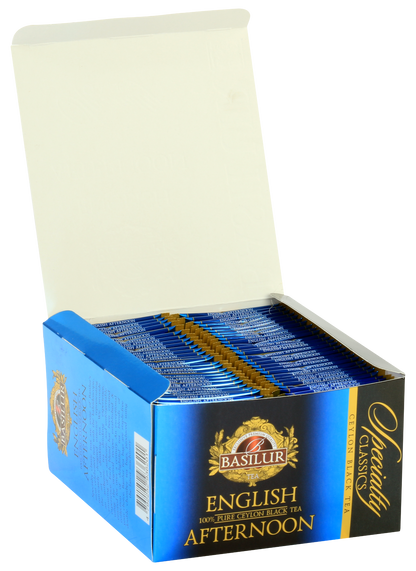 Otwarty karton Basilur English Afternoon z 50 kopertami herbaty.
