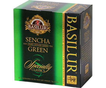 Boczne ujęcie opakowania herbaty Basilur Sencha Green z logo marki.