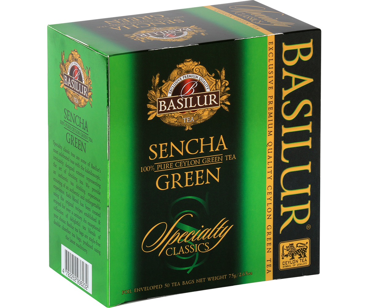 Zielona herbata Basilur Sencha Green – eleganckie pudełko z serii Specialty Classics.