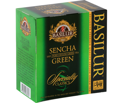 Zielona herbata Basilur Sencha Green – eleganckie pudełko z serii Specialty Classics.