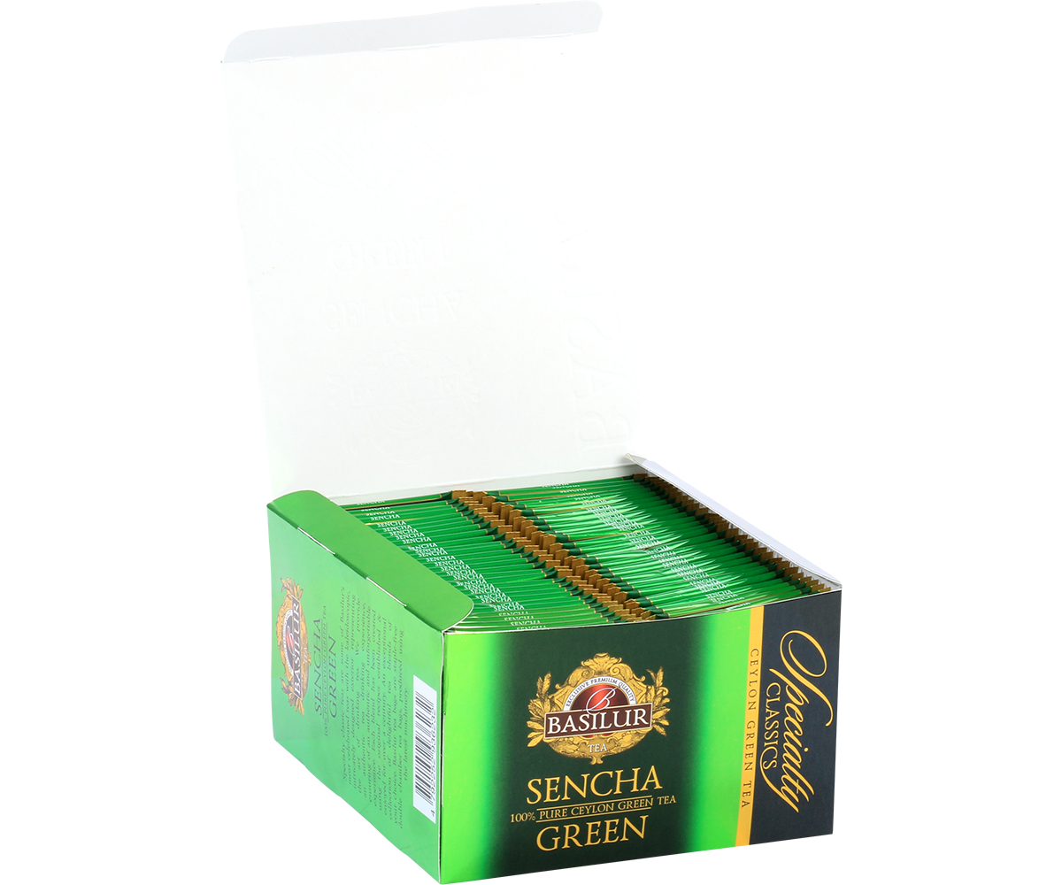 Otwarta herbata Basilur Sencha Green z widocznymi kopertami herbaty.