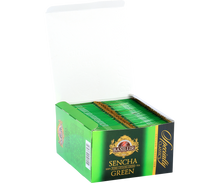 Otwarta herbata Basilur Sencha Green z widocznymi kopertami herbaty.